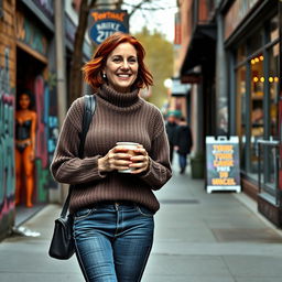 A scenic street in Portland, Oregon featuring a 34-year-old woman with short chestnut hair, dressed in a cozy sweater and jeans