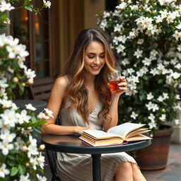 An outdoor terrace café in Savannah, Georgia featuring a 38-year-old woman with long, wavy hair, dressed in a light dress