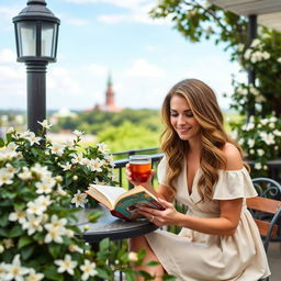 An outdoor terrace café in Savannah, Georgia featuring a 38-year-old woman with long, wavy hair, dressed in a light dress