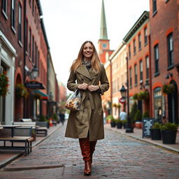 A historic street in Boston, Massachusetts featuring a 32-year-old woman with long straight hair, dressed in a stylish trench coat and boots