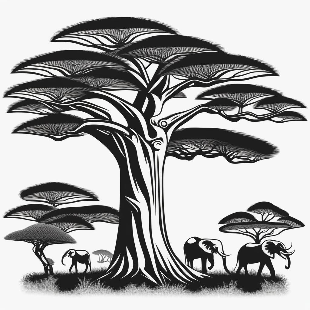 This is a high-quality, monochromatic digital art image featuring meticulously detailed drawings of various African tree species