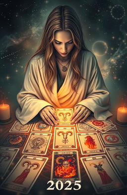 A mystical and divine Aries-themed tarot card reading set in a celestial background, showcasing various tarot cards laid out in an appealing pattern