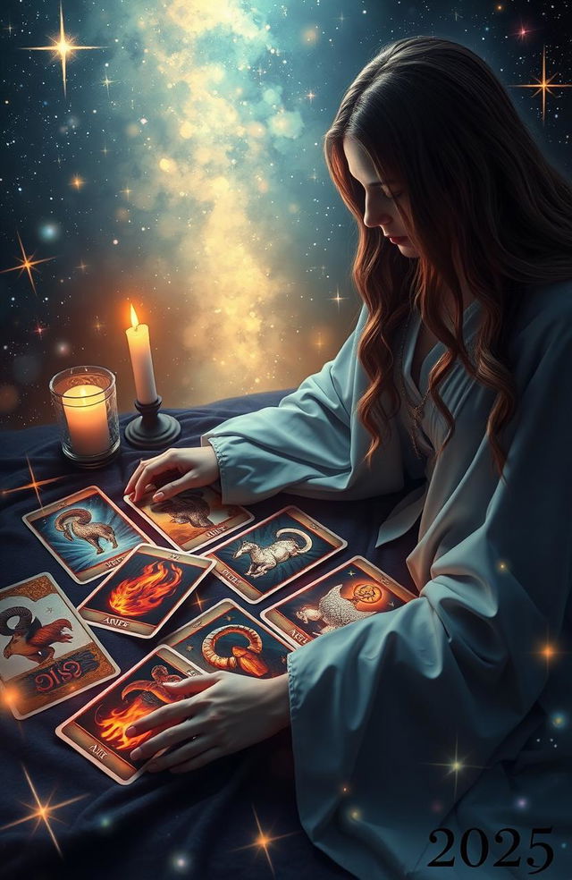 A mystical and divine Aries-themed tarot card reading set in a celestial background, showcasing various tarot cards laid out in an appealing pattern