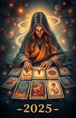 A mystical and divine Aries-themed tarot card reading set in a celestial background, showcasing various tarot cards laid out in an appealing pattern