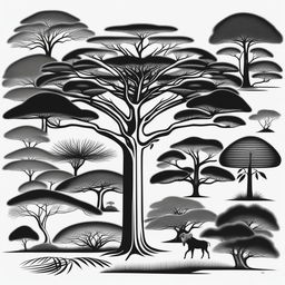 This is a high-quality, monochromatic digital art image featuring meticulously detailed drawings of various African tree species