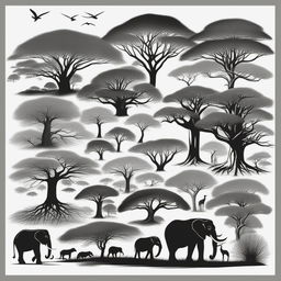 This is a high-quality, monochromatic digital art image featuring meticulously detailed drawings of various African tree species