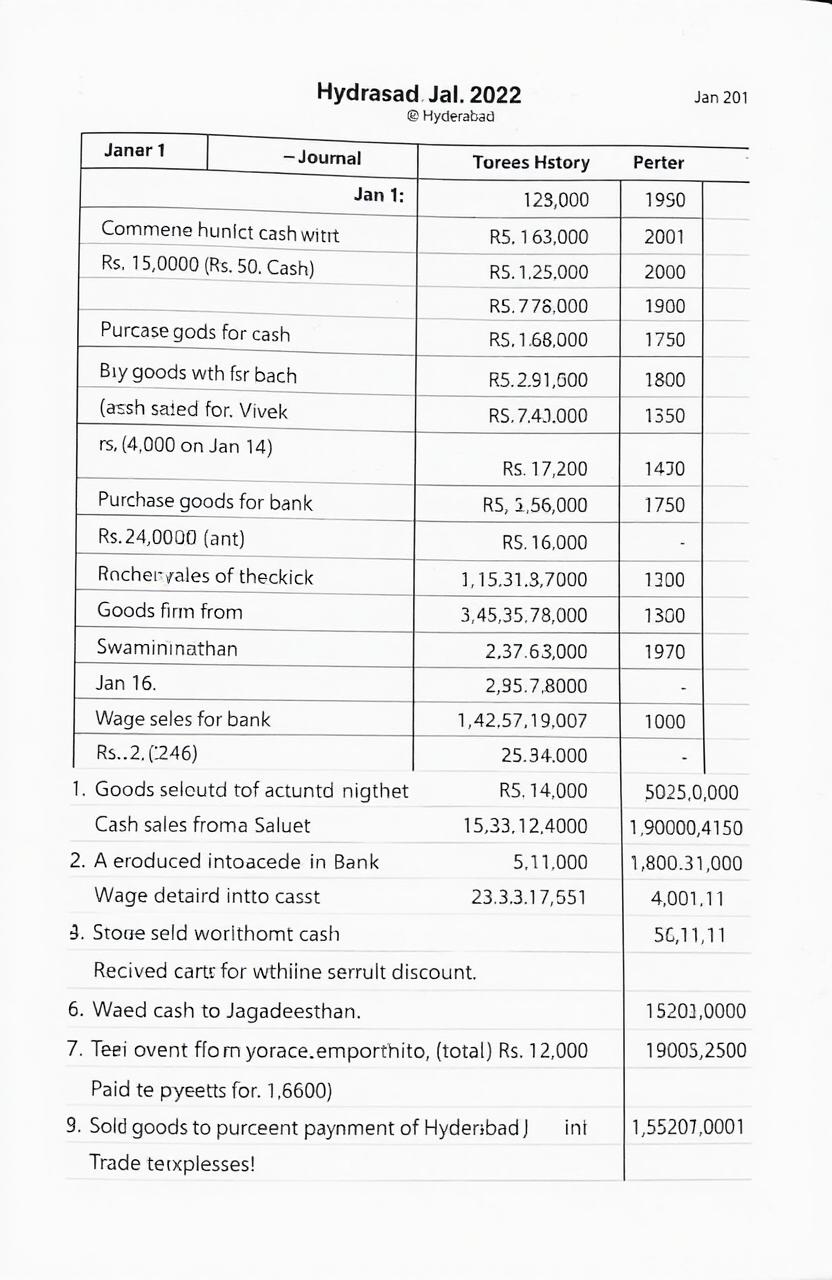 A detailed ledger and journal entry for the transactions of Hari Prasad of Hyderabad for January 2023