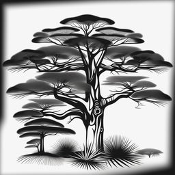 This is a high-quality, monochromatic digital art image featuring meticulously detailed drawings of various African tree species