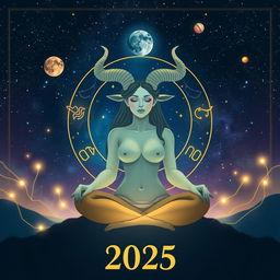An astrological depiction of a Taurus reading for the year 2025, featuring celestial elements such as stars and planets in a cosmic theme