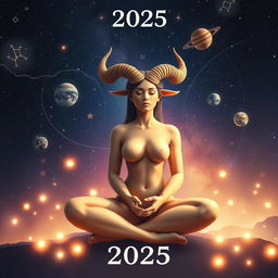An astrological depiction of a Taurus reading for the year 2025, featuring celestial elements such as stars and planets in a cosmic theme