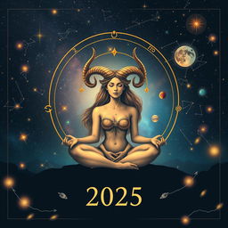 An astrological depiction of a Taurus reading for the year 2025, featuring celestial elements such as stars and planets in a cosmic theme