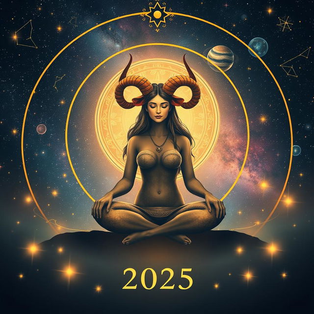 An astrological depiction of a Taurus reading for the year 2025, featuring celestial elements such as stars and planets in a cosmic theme