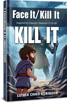 A visually striking book cover for 'Face It/ Kill It' by Luther Chico Robinson, inspired by the biblical story of David and Goliath from 1 Samuel 17:16-28