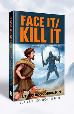 A visually striking book cover for 'Face It/ Kill It' by Luther Chico Robinson, inspired by the biblical story of David and Goliath from 1 Samuel 17:16-28