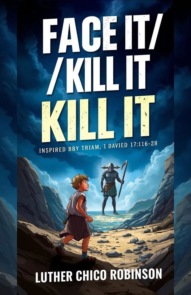 A visually striking book cover for 'Face It/ Kill It' by Luther Chico Robinson, inspired by the biblical story of David and Goliath from 1 Samuel 17:16-28