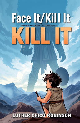 A visually striking book cover for 'Face It/ Kill It' by Luther Chico Robinson, inspired by the biblical story of David and Goliath from 1 Samuel 17:16-28