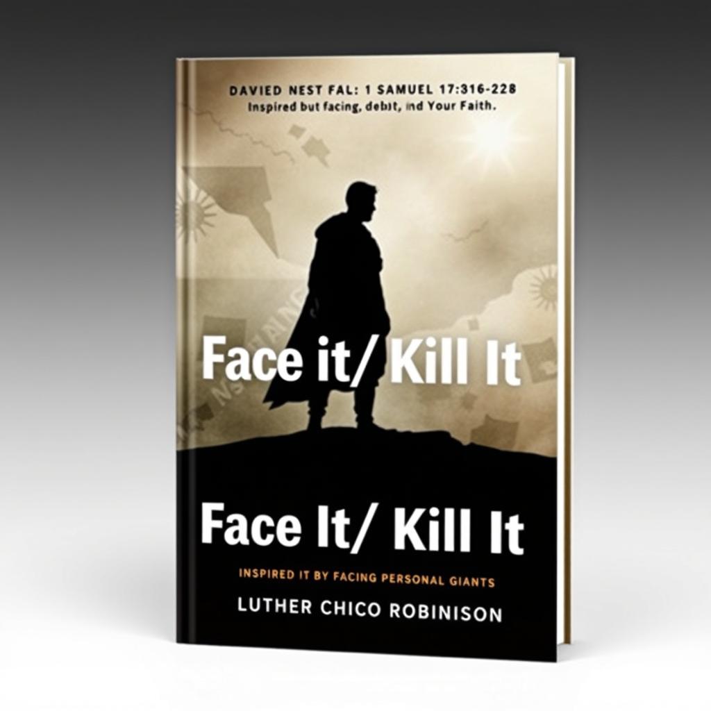 A thought-provoking book cover for 'Face It/ Kill It' by Luther Chico Robinson, inspired by 1 Samuel 17:16-28, illustrating the concept of facing personal giants