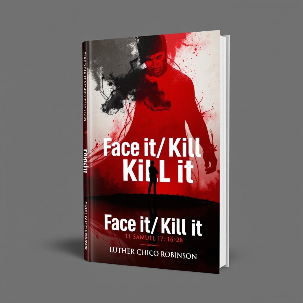 A thought-provoking book cover for 'Face It/ Kill It' by Luther Chico Robinson, inspired by 1 Samuel 17:16-28, illustrating the concept of personal giants through abstract art