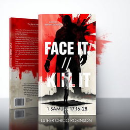 A thought-provoking book cover for 'Face It/ Kill It' by Luther Chico Robinson, inspired by 1 Samuel 17:16-28, illustrating the concept of personal giants through abstract art