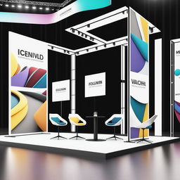 A modern and minimalist convention stand featuring two large backpanels displaying the use of various fabrics in high-resolution digital art