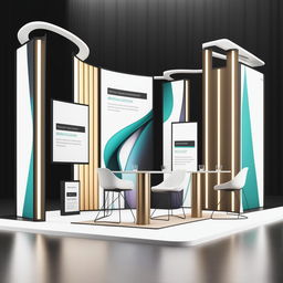 A modern and minimalist convention stand featuring two large backpanels displaying the use of various fabrics in high-resolution digital art