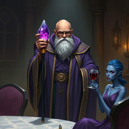 A bald, dark-skinned wizard adorned in fine purple and gold robes stands majestically in a dimly lit room