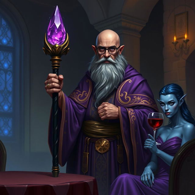 A bald, dark-skinned wizard adorned in fine purple and gold robes stands majestically in a dimly lit room