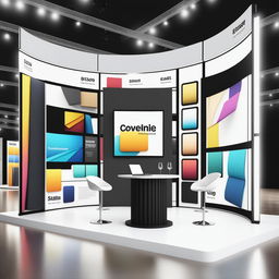 A modern and minimalist convention stand featuring two large backpanels displaying the use of various fabrics in high-resolution digital art