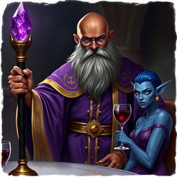A bald, dark-skinned wizard adorned in fine purple and gold robes stands majestically in a dimly lit room