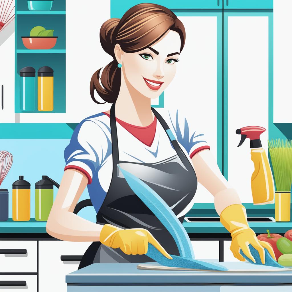 A vertical banner featuring a digital art depiction of an attractive woman cleaning a modern kitchen with a microfiber cloth