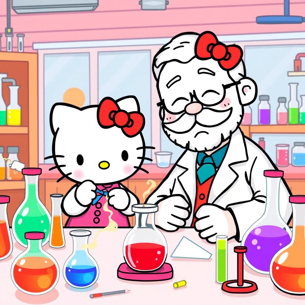 A colorful cartoon scene of Hello Kitty and her father conducting science experiments in a vibrant laboratory