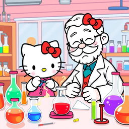 A colorful cartoon scene of Hello Kitty and her father conducting science experiments in a vibrant laboratory