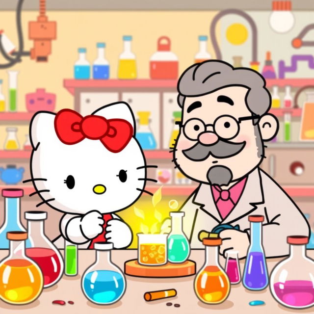 A colorful cartoon scene of Hello Kitty and her father conducting science experiments in a vibrant laboratory