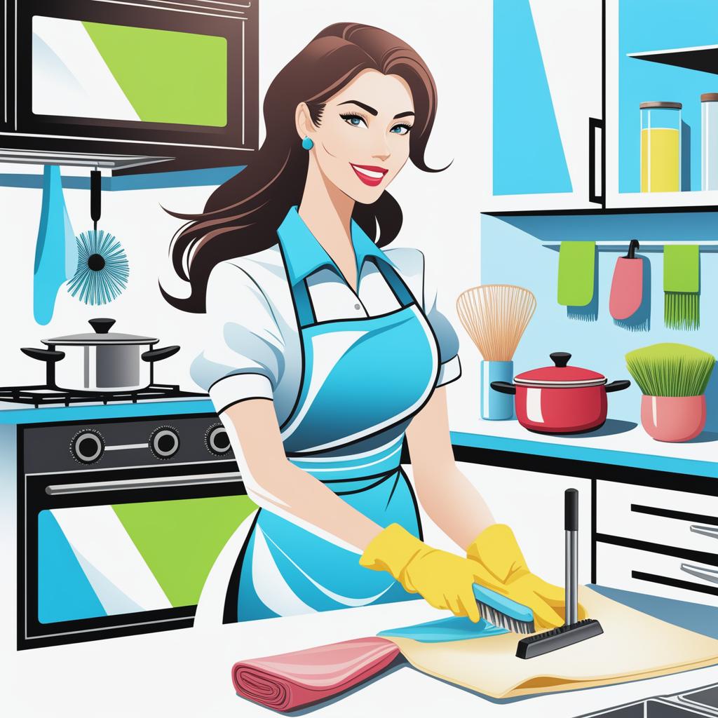 A vertical banner featuring a digital art depiction of an attractive woman cleaning a modern kitchen with a microfiber cloth