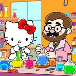 A colorful cartoon scene of Hello Kitty and her father conducting science experiments in a vibrant laboratory