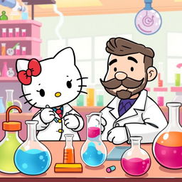 A colorful cartoon scene of Hello Kitty and her father conducting science experiments in a vibrant laboratory