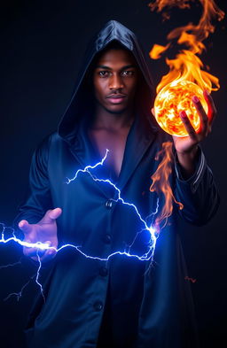 A dark-skinned man in his 20s, wearing an elegant black silk hooded coat that flows dramatically around him