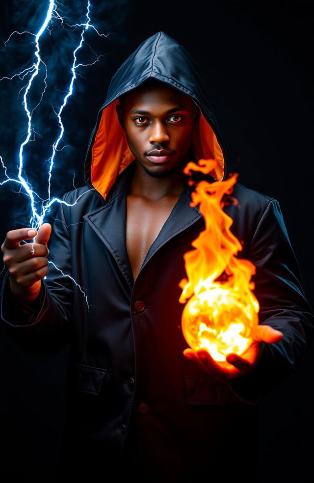 A dark-skinned man in his 20s, wearing an elegant black silk hooded coat that flows dramatically around him