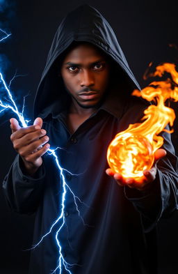 A dark-skinned man in his 20s, wearing an elegant black silk hooded coat that flows dramatically around him