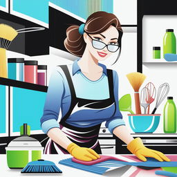 A vertical banner featuring a digital art depiction of an attractive woman cleaning a modern kitchen with a microfiber cloth