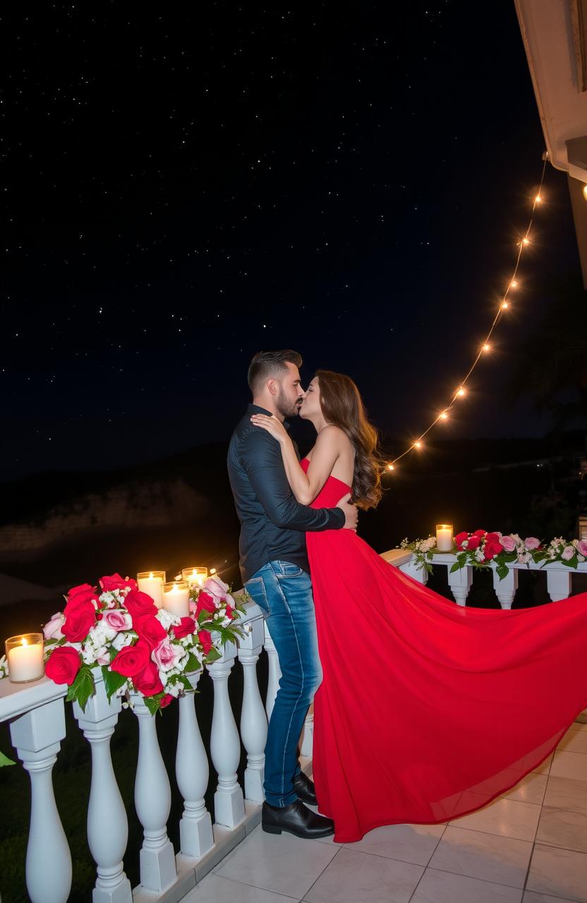 A romantic scene featuring a couple in love under a starry night sky, surrounded by soft glowing lights