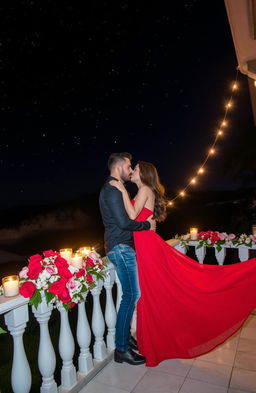 A romantic scene featuring a couple in love under a starry night sky, surrounded by soft glowing lights