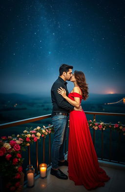 A romantic scene featuring a couple in love under a starry night sky, surrounded by soft glowing lights