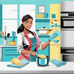 A vertical banner featuring a digital art depiction of an attractive woman cleaning a modern kitchen with a microfiber cloth