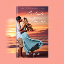 A romantic book cover design featuring an enchanting scene of a couple embracing on a beach during sunset