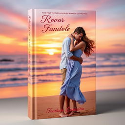 A romantic book cover design featuring an enchanting scene of a couple embracing on a beach during sunset