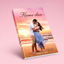 A romantic book cover design featuring an enchanting scene of a couple embracing on a beach during sunset