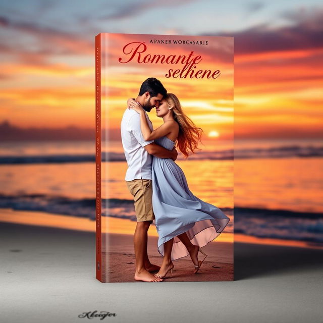 A romantic book cover design featuring an enchanting scene of a couple embracing on a beach during sunset