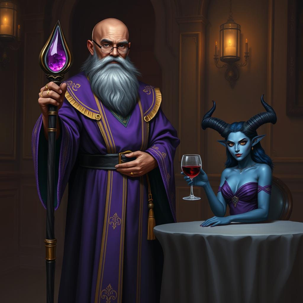 A tall, bald dark brown-skinned wizard wearing fine purple and gold robes stands confidently in a dimly lit room