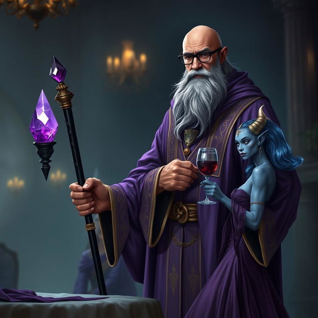 A tall, bald dark brown-skinned wizard wearing fine purple and gold robes stands confidently in a dimly lit room